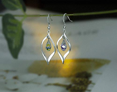 Rhodium Plate 925 Sterling Silver Hook Twist Leaf Holiday Hypoallergenic Dangle Earrings for Women Gifts Engagement Wedding with Austrian Daiamond Cut Waterdrop Crystal Hight Polished Long :1.9 IN - color: colorful