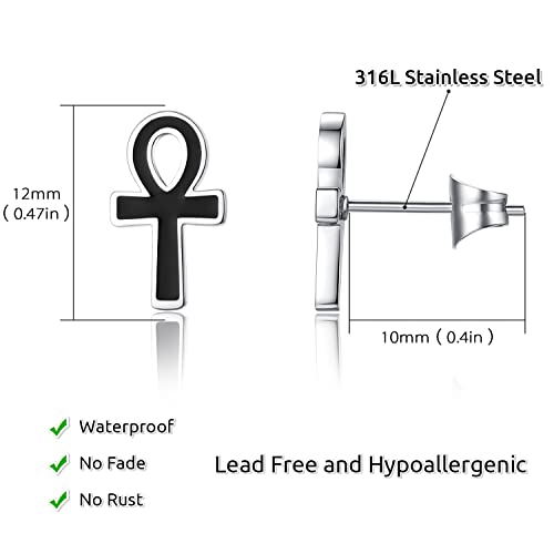 REVEMCN 925 Sterling Silver and Stainless Steel Cross Stud Earrings for Women Men, 3 Pairs - color: Black Ankh Earrings