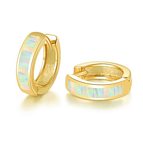CiNily Huggie Earrings Opal Hinged Hoop Earrings Gold Plated Hypoallergenic Small Hoop Earrings for Women Teen Girls Men Sensitive Ears - color: Rainbow White