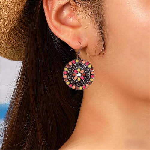 MALOYANVE Vintage Boho Circular Flower Dangle Earring, Handmade Bronze Tribal Round Enamel Floral Drop, Bohemian Ethnic Statement Jewelry Gift for Women - color: Muticolor Rose