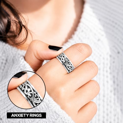 Shop LC 925 Sterling Silver Spinner Fidget Ring for Women Men | Anxiety Ring | Moon Star Design | Platinum Plated | Stress Relief Worry | Promise | Boho Jewelry Gift - color: Filigree, size: 6