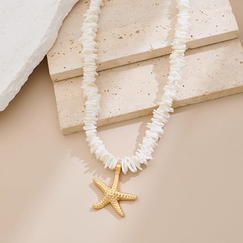 Puka Shell Necklace for Women Starfish Fish Statement Pendant Necklace Boho Summer Beach Choker Necklaces - color: White-A