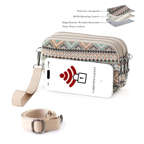 Small Wristlet Wallet for Women, 3-Zip Crossbody Phone Purse - color: Geometry/Jacquard