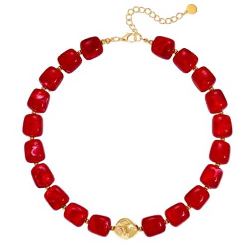 Colorful Chunky Necklaces for Women Multicolored Large Square Acrylic Beads Necklace Trendy Bold Statement Beaded Necklace Summer Vacation Choker Jewelry - color: Red