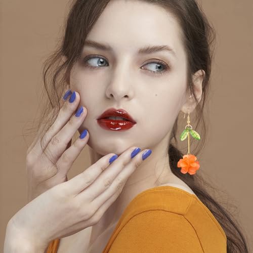 Resin Flower Cluster Ball Dangle Drop Earrings for Women Spring Summer Bohemian Floral Petal with Green Leaf Earrings Vacation Party Jewelry - color: Orange