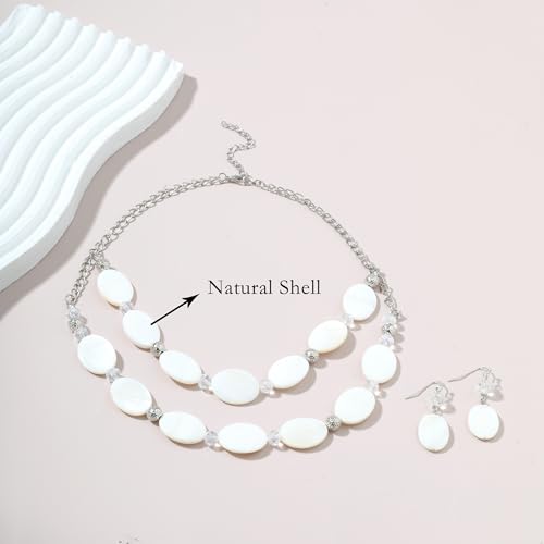 2 Layered Chunky Beaded Shell Necklace for Women Sea Shell blue/yellow/red/green/turquoise/teal/white Statement Necklace and Earring Set Elegant Women Necklace Set Jewelry Sets for Women - color: White
