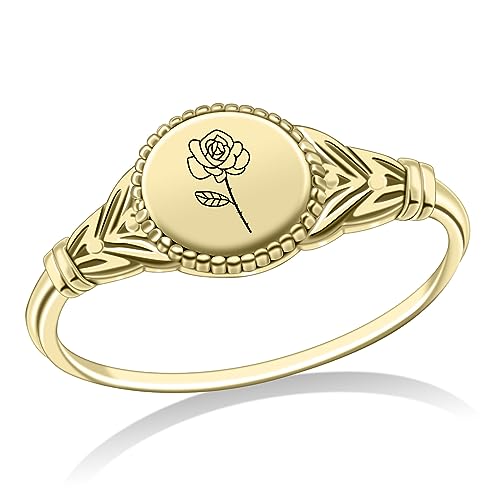 Birth Month Ring for Women Personalized Birthday Flower Signet Rings 925 Sterling Silver Vintage Rings Personalized Gift with Birth Flowers for Mom Daughter Girlfriend Wife Friend - color: Style 2