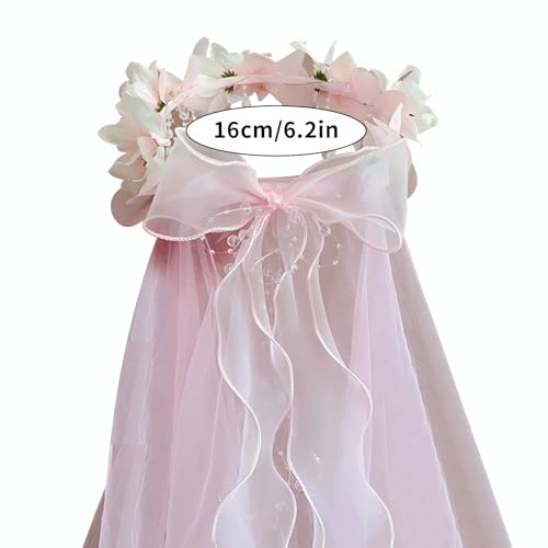 Artificial Flower Crown Headband for Women Girls – Boho Floral Wreath Halo for Weddings, Photoshoots, Festivals, Birthdays, and Costume Parties (Pink Flower Bowknot, Adjustable) - color: Pink Flower Bowknot