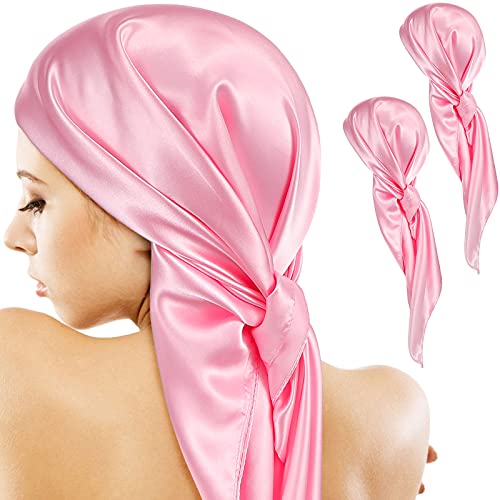 SATINIOR 35 Inch Silky Head Scarf 2 Pcs Large Square Neck Scarf Sleeping Hair Wrapping Satin Bandana for Women - color: Pink, style: Classic