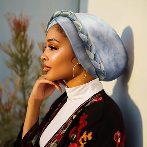 DRESHOW Turban Pre-Tied Twisted Hat Thread African Head Wraps for Black Women Chemo Cancer Cap Braid Hair Cover - color: 1 Pack Tie-dye Gradient: Light Teal