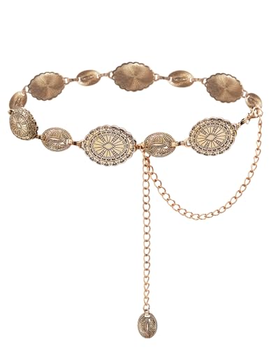TOPACC Western Metal Concho Belt for Women Cowgirl Chain Belts for Dresses Jeans Country Concert Outfit - color: A Bright Gold, size: Fit Waist: 34-36 in