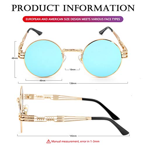AIEYEZO Round Steampunk Sunglasses for Men Women Retro Circle Hippie Glasses Metal Frame 100% UV Blocking Lens - color: Gold/Ice Blue Mirror