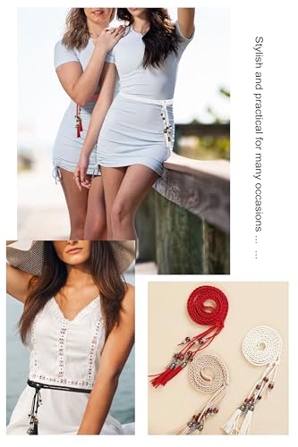 TeeYee Waist Belt Woven Knitted Rope/Chain PU leather 3 Pieces Tassel Rope Skinny Belt - color: 018blacktancoffee