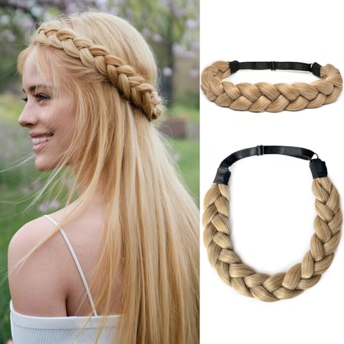 Braided Headbands Hair Piece for Women Synthetic Hair Head Bands Handmade Braid Hairband Hair Accessories Elastic Stretch Headwrap Braided Hair Band - color: 27/613-Honey Blonde Mix Lightest Blonde