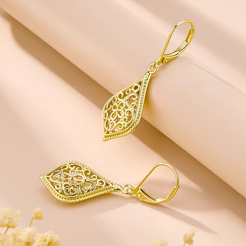 Dangle Earrings for Women, 14K Gold Plated Filigree Dangling Leverback Earrings, Silver Geometric Hypoallergenic Lightweight Dangly Drop Earings for Women Trendy Jewelry Gifts - color: C-14K Gold