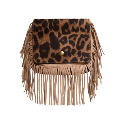 Cute Suede Tassel Mini Crossbody Bag, Boho Fringe Festival Purse for Coachella Outfits, Small Hippie Shoulder Pouch - color: Brown Animal