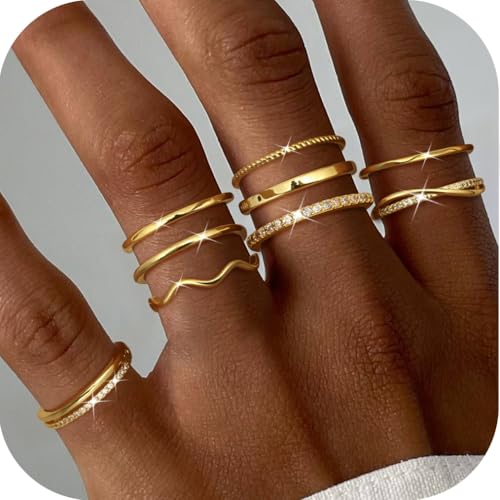 Jstyle Gold Stackable Rings for Women Non Tarnish Open Adjustable Rings Cubic Zirconia Thin Thumb Silver Ring Set 14K Gold Filled Pinky Knuckle Stacking Set - Dainty Statement Promise Band Ring Sets