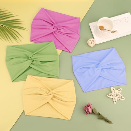 AQOKKA Extra Wide Headbands for Women Large Turban Headband Non Slip Boho Elastic Hairband Hair Twisted Knot Head Bands Accessories - color: 4 Pcs Solid: Rose Red, Light Blue, Light Yellow, Grass Green