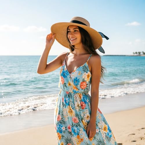 DRESHOW Beach Hats for Women Big Straw Wide Brim Summer Hat Floppy Foldable Roll up Cap Sun Hat UPF 50+ - color: Khaki (Black Band) /Normal Edge