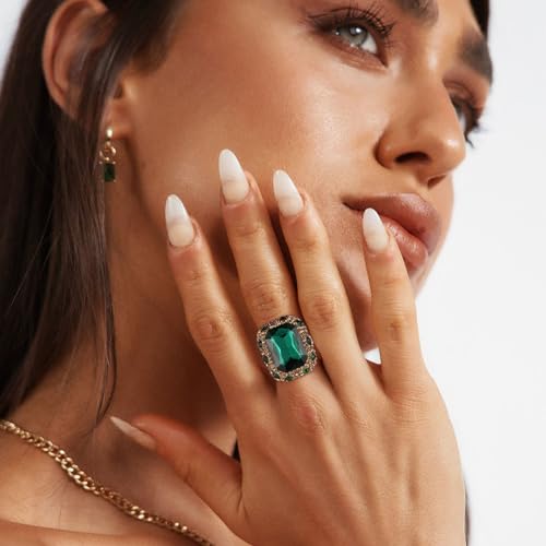 HZMAN Crystal Ring for Women Retro Antique Rhinestone Ring Cubic Zirconia Gold Plated Turkish Ring Jewelry Gift - color: Green-Square