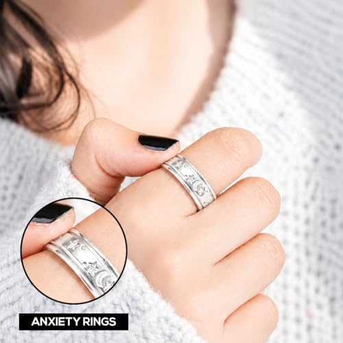 Shop LC 925 Sterling Silver Spinner Fidget Ring for Women Men | Anxiety Ring | Moon Star Design | Platinum Plated | Stress Relief Worry | Promise | Boho Jewelry Gift - color: A Moon Star, size: 5