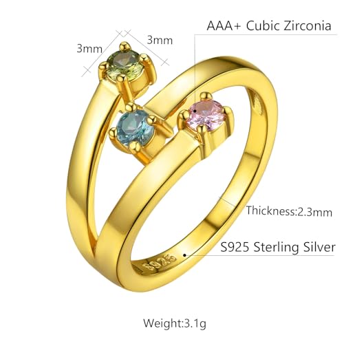 Custom4U Personalized 1-4 Birthstone Rings for Women Promise Rings for Her Sterling Silver Mothers Ring Customized Cubic Zirconia Stones Wedding/Valentine's Day/Mother's Day Jewelry Gift for Mom Wife - color: B-3 Names-Gold
