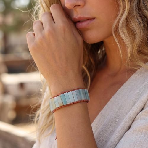 YGLINE Boho Handmade Wrap Leather Tube Crystal Stone Bracelet for Women - color: Amazonite