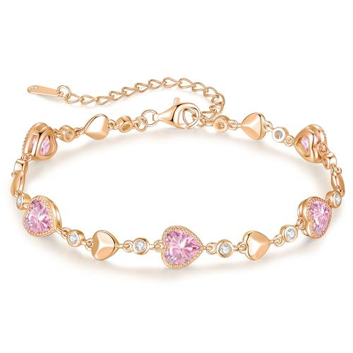 925 Sterling Silver Birthstone Heart Bracelet Jewelry Gift for Women | Rose Gold Plated Bracelets,Hypoallergenic,Adjustable Chain Personalized Anniversary Christmas Jewelry Gift for Mom Wife - color: Rose Gold-10-Oct