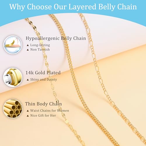 CHESKY 14K Gold Plated Silver Plated Waist Chain for Women, Layered Belly Belt Chains Beach Waist Beads Chain Waterproof Snake Cuban Body Chain Summer Jewelry Accessories for Women - style: 3layer-gd