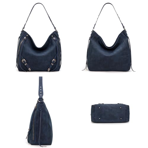 Wrangler Large Hobo Purses and Handbags for Women with Buckle and Fringe Zipper Faux Suede Shoulder Bag - color: Navy