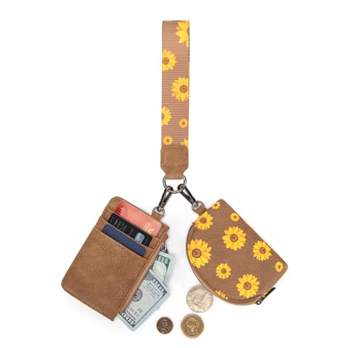 Wrangler KeyChain Wristlet Wallets for Women Sunflower Floral Dual Pouch Wristlet Western Credit Card Holder Wallet with Zipper Pocket - color: Sunflower Khaki
