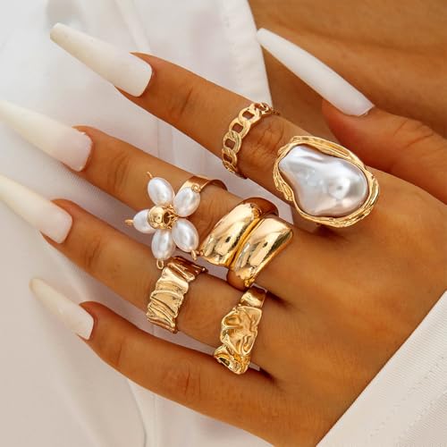 Chunky Gold Irregular Rings Stack Set for Women Statement Baroque Pearl Flower Stackable Knuckle Finger Ring Non Tarnish Boho Hammered Jewelry Gifts - color: Gold Flower