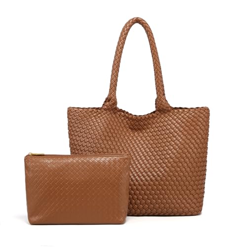 Woven Tote Bag for women,Vegan Leather Woven Satchel Handbag,Shoulder bag with Pouch,Hobo bag fits13-14” laptops - color: Brown