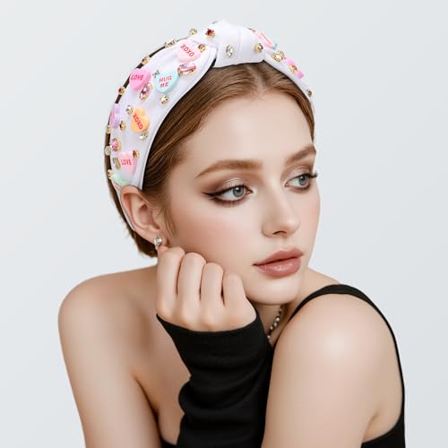 WantGor Pearl Knotted Headband, Women Rhinestone Embellished Hairband Elegant Wide Top Knot Bride Headbands Headpieces Party Fashion Elegant Ladies Hair Band Hair Hoop Accessories (Valentine White) - color: Valentine White