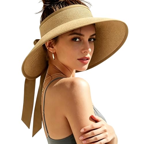 Women's Sun Visor Hats Wide Brim Beach Hat Straw Ponytail Visor Packable Foldable UPF 50+ Floppy Travel Hats - color: Khaki01