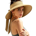 Women's Sun Visor Hats Wide Brim Beach Hat Straw Ponytail Visor Packable Foldable UPF 50+ Floppy Travel Hats - color: Khaki01