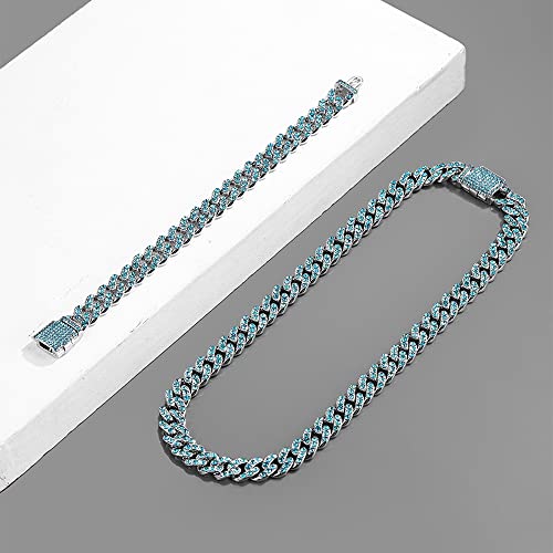 Apzzic Cuban Link Bracelet Iced Out Miami Gold Plated Hip Hop Full CZ Prong Diamond Bracelet with Giftbox Cuban Link Anklets for Men Women - color: Silver Blue-Bracelet