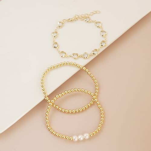 Dainty Gold Plated Pearl Crystal Beaded Bracelets Set for Women 14K Gold Plated Bead Pearl Beads Bracelet Stackable Paperclip Link Chain Bracelets Gold Plated Bracelets for Women Trendy Jewelry - color: Style8-gold beaded heart set