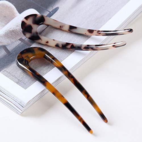 French Hair Pins Tortoise Shell U Shaped 2 Prong Hair Sticks Acetate Chignon Pin for Women Hairstyle Accessories 2 Pack - color: hair fork 2 pack
