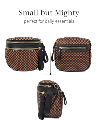 Valentoria Large Woven Leather Crossbody Bags for Women Checkered Bum Bag Sling Bag Purse Adjustable Strap Detachable Wallet | Woven - color: Black&brown Checkered