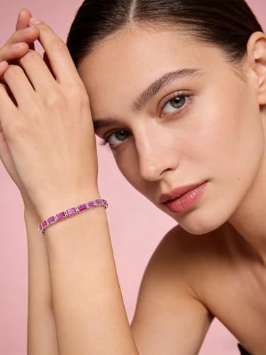 Radiant Cut Birthstone Tennis Bracelets for Women, Adjustable 6–9 Inches White Gold Plated Sterling Silver Bracelet, Hypoallergenic Anniversary Birthday Valentine’s Day Gift for Her - color: 07-Ruby