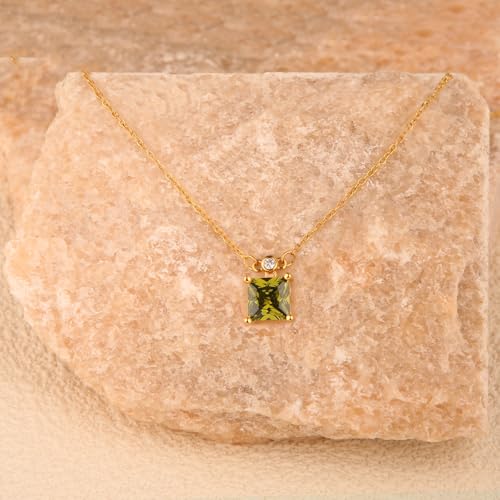 18K Gold-Plated Non Tarnish Birthstone Necklace for Women, 5A Princess Cut Cubic Zirconia Pendant, Birthday Anniversary Valentine's Gift, 18-20 Inches - color: 8-Aug-Olive Green