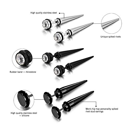 Aroncent 12PCS Stainless Steel Fake Tapers Mens Earrings Illusion Tunnel Cheater Piercing Jewelry Set for Men Women - color: A2