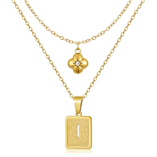 KELORIS PATH Layered Initial Necklaces for Women, 18K Gold Plated Stainless Steel Necklaces Set with Dainty Four Leaf Clover Square Cutout Letter Pendant, Fashion Jewelry for Gifts - style: I Letter