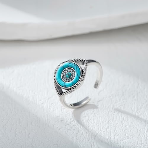 925 Sterling Silver Turquoise Exquisite Evil Eye Ring with CZ Boho Style Adjustable Rings Jewelry Gifts for Women Mother