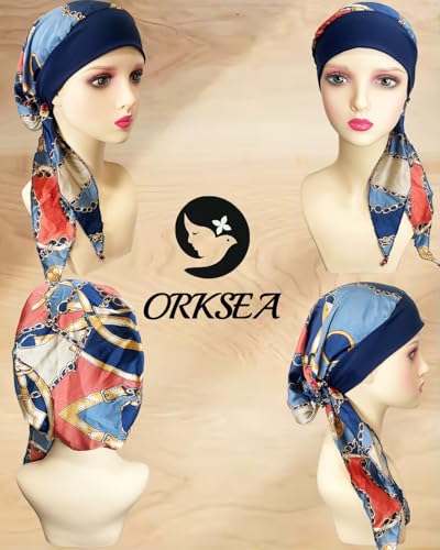 Chemo Headwear for Women Head Scarf Headwraps Silky Soft Turbans for Women Cancer Hats Chemo Beanie Coverings Scarves - color: B Dark Blue Pattern1