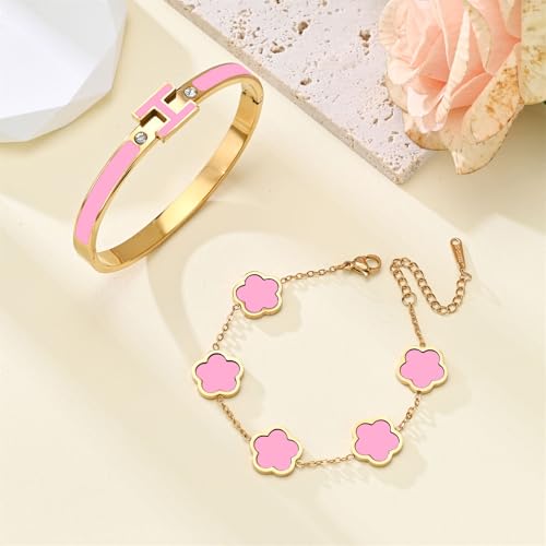H Bangle & Clover Bracelet for Women - Stainless Steel Fashion Jewelry - 18K Gold Plated H Bangle and Lucky Five Leaf Clover Bracelet - Elegant Bracelets Set - Gift for Women - color: Gold-Pink Set