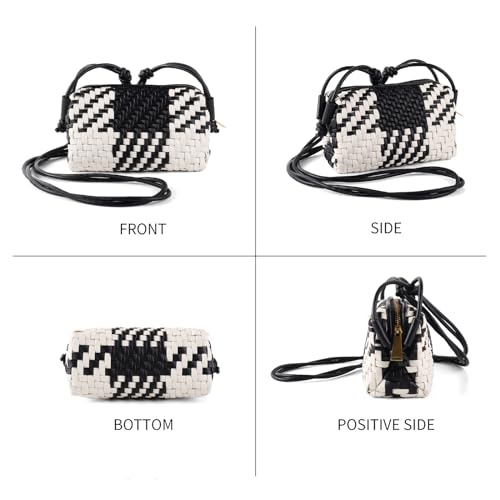 Woven Crossbody Bags for Women Handwoven Purses Vegan Leather Small Handbag Handmade Shoulderbag | Lightweight - color: Black and White