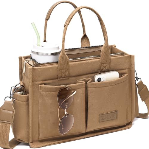 ZHMO Canvas Tote Bag for Women,Women's Bags Crossbody Bags Work Laptop Tote Bag Large Handbags Purse for Travel Nurse Teacher - color: New Upgrade Brown With Compartments and Side Cup Holders