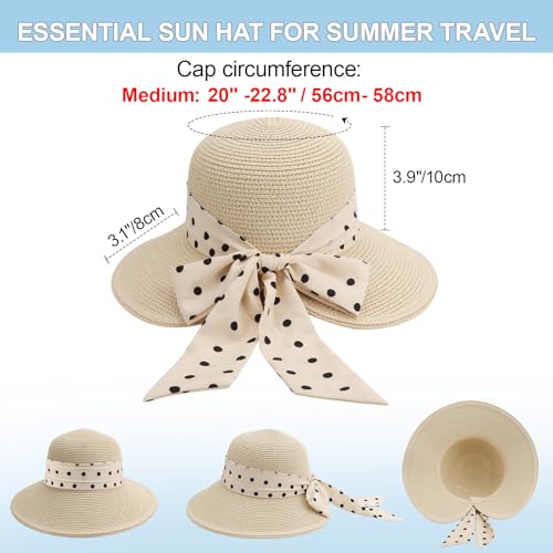 DRESHOW Sun Hats for Women Travel Fedora Foldable Beach Sun Hat Summer Wide Brim Straw Bucket Hat with Bowknot UPF 50+ - color: 1 Pack Bowknot Straw Hat: Beige (Beige Polka Dot Band)